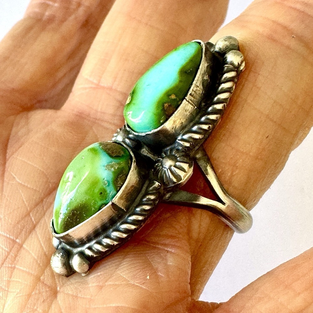 Navajo Sonoran Gold Turquoise Ring 2 Stone Size 7 Signed Shakey Long Sterling - Picture 4 of 7
